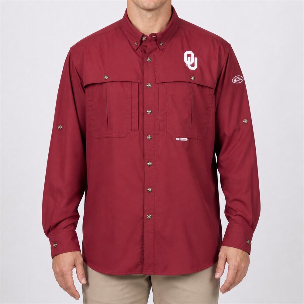 Drake Oklahoma Sooners Shirt Mens L Red Vented Fishing Long Sleeve Button-Down